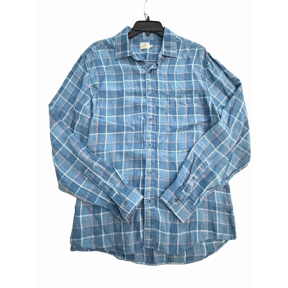 Faherty Shirt Mens Large Blue Plaid 100% Linen Long Sleeve Button Down #JJJ19-3